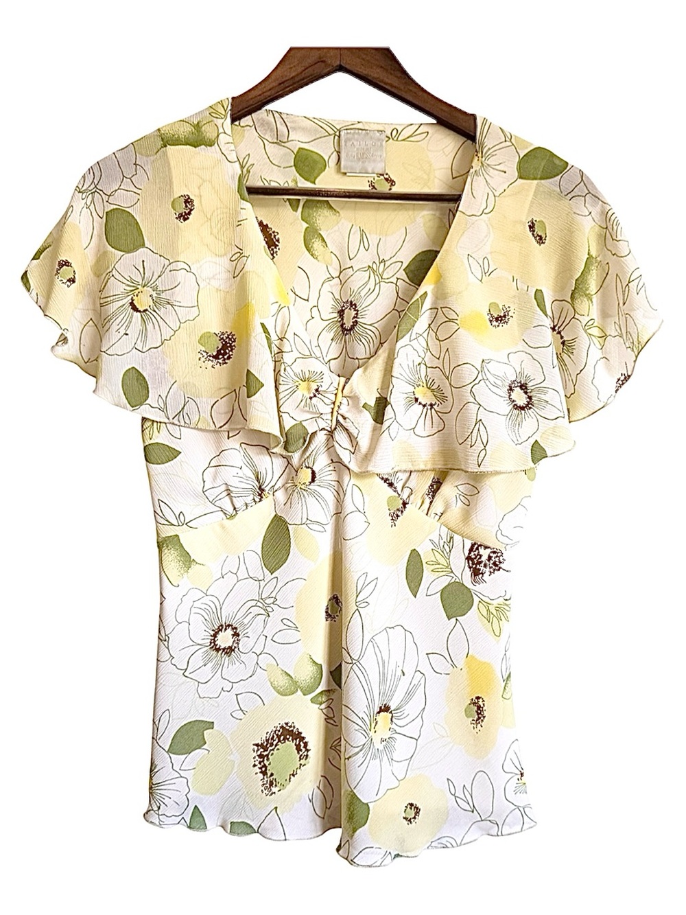 B Moss Vintage 90's Floral Ruffle V-Neck Women's TopYellow and Green Size Medium